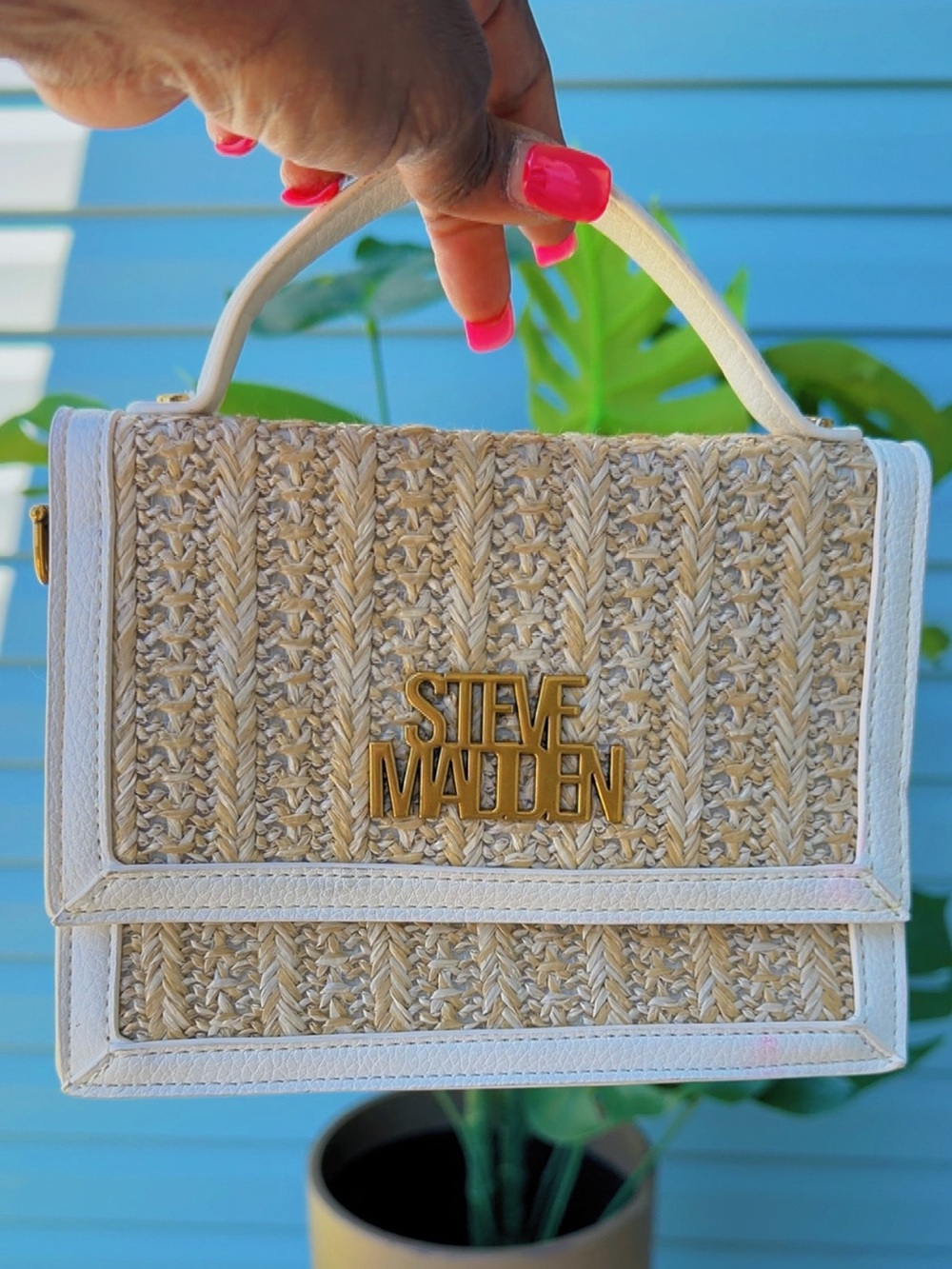 Steve Madden Cream and Natural Woven Top-Handle Satchel